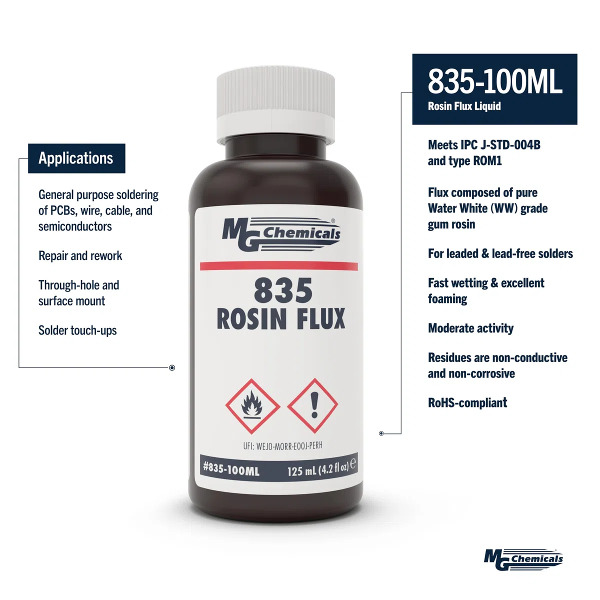 Flussante di colofonia liquido MG Chemicals 835, per saldatura senza piombo e piombo, flacone da 125 ml
