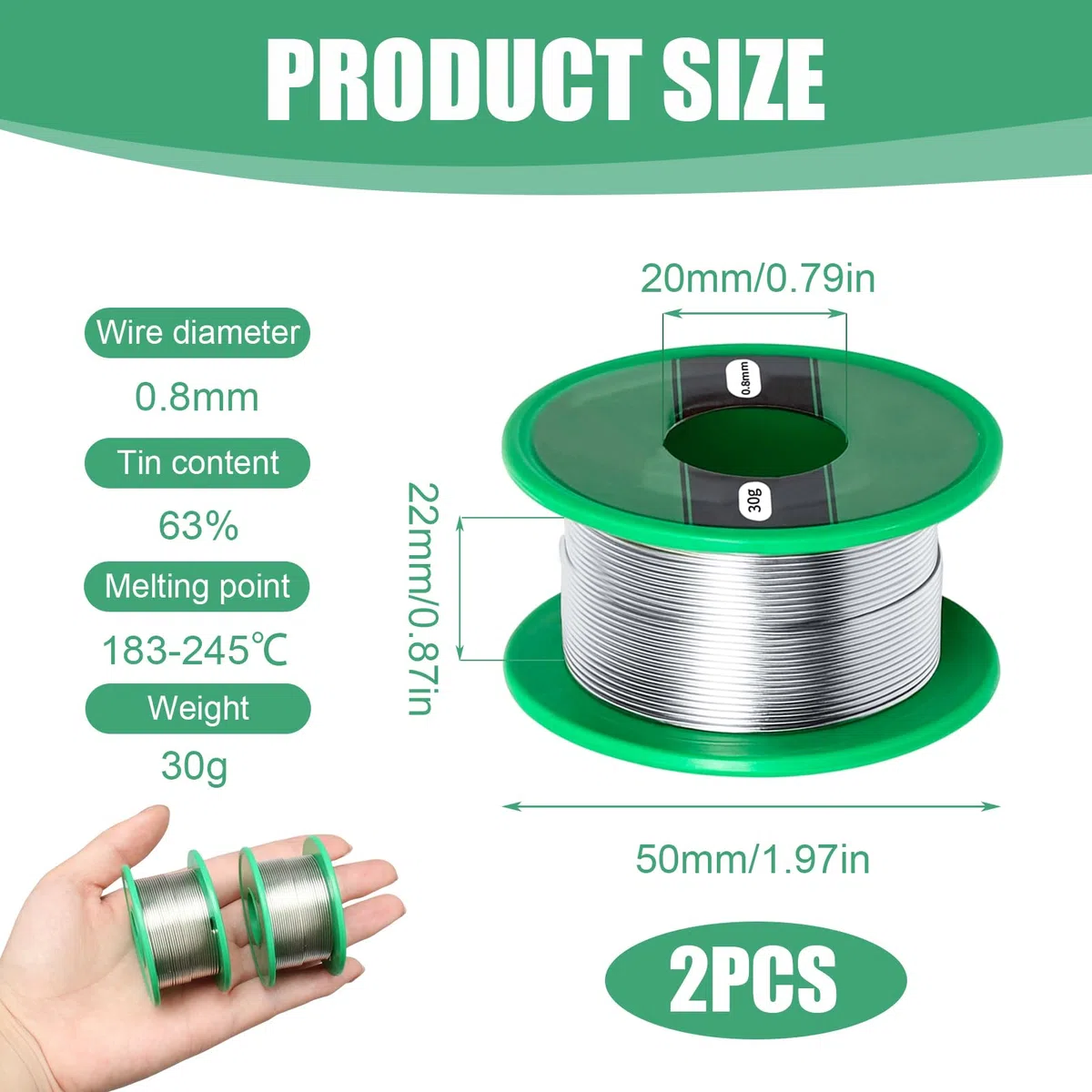 2 pezzi di stagno per saldatura, 0,8 mm, senza piombo, 30 g, con nucleo di colofonia, filo per saldatura Sn99,3 Cu0,7 per elettronica, stagno di saldatura fine con flusso per circuiti stampati